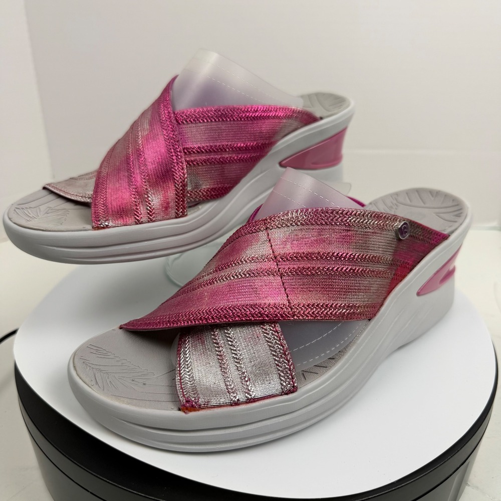 Bzees Vista Womens Pink Silver Metallic Wedge Slide Sandals Size 9M Cloud Tech